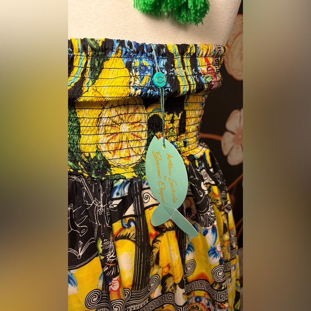 NWT Luxurious Italian Bright Yellow Halter Maxi Dress with Lemon & Floral Print - Picture 7 of 8